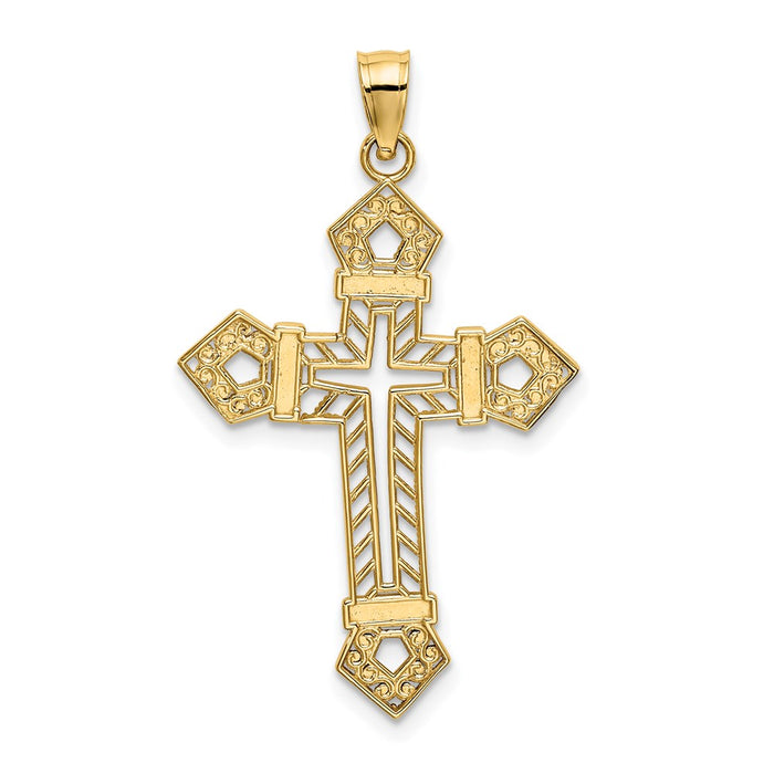Million Charms 14K Yellow Gold Themed With Rhodium-Plated Textured Pentagon Relgious Cross Charm
