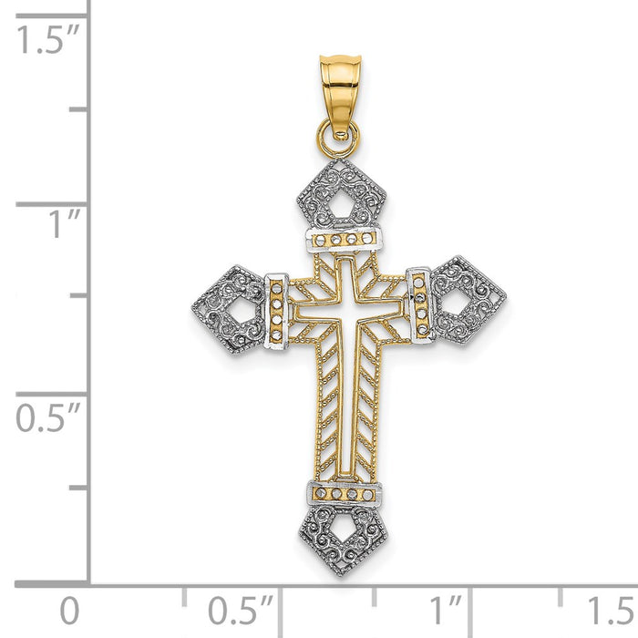 Million Charms 14K Yellow Gold Themed With Rhodium-Plated Textured Pentagon Relgious Cross Charm