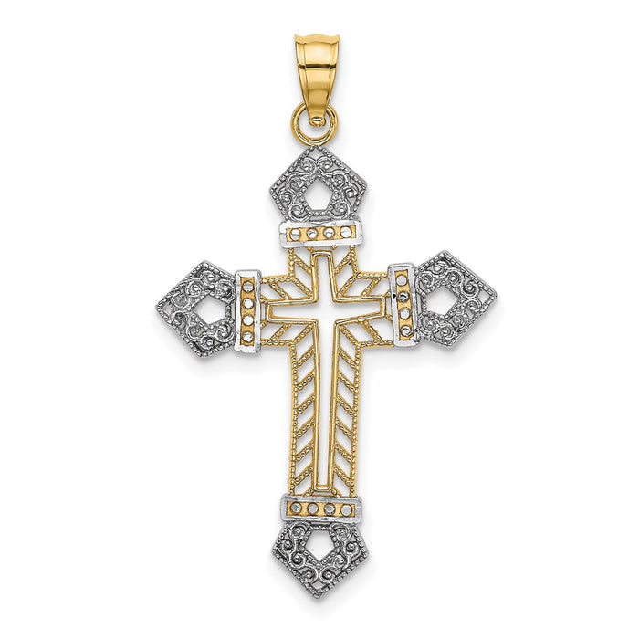 Million Charms 14K Yellow Gold Themed With Rhodium-Plated Textured Pentagon Relgious Cross Charm