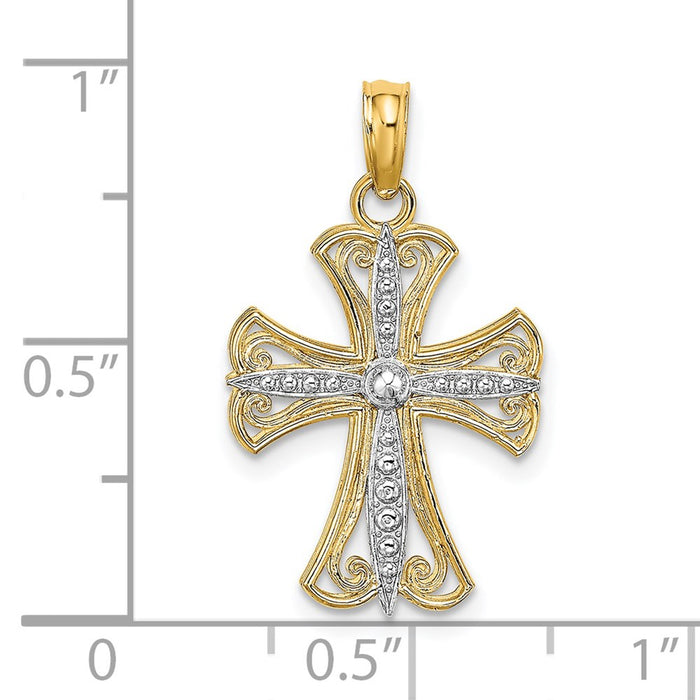 Million Charms 14K Yellow Gold Themed With Rhodium-Plated Textured Relgious Cross Charm