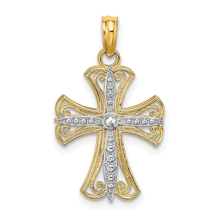 Million Charms 14K Yellow Gold Themed With Rhodium-Plated Textured Relgious Cross Charm