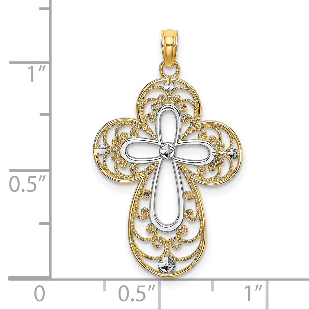 Million Charms 14K Yellow Gold Themed With Rhodium-Plated Diamond-Cut Filigree Relgious Cross Charm