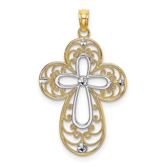 Million Charms 14K Yellow Gold Themed With Rhodium-Plated Diamond-Cut Filigree Relgious Cross Charm