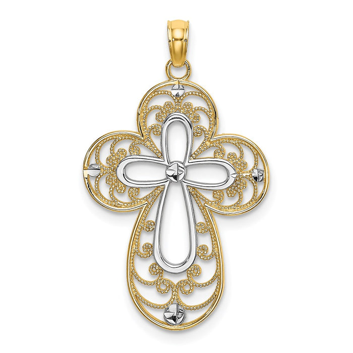 Million Charms 14K Yellow Gold Themed With Rhodium-Plated Diamond-Cut Filigree Relgious Cross Charm