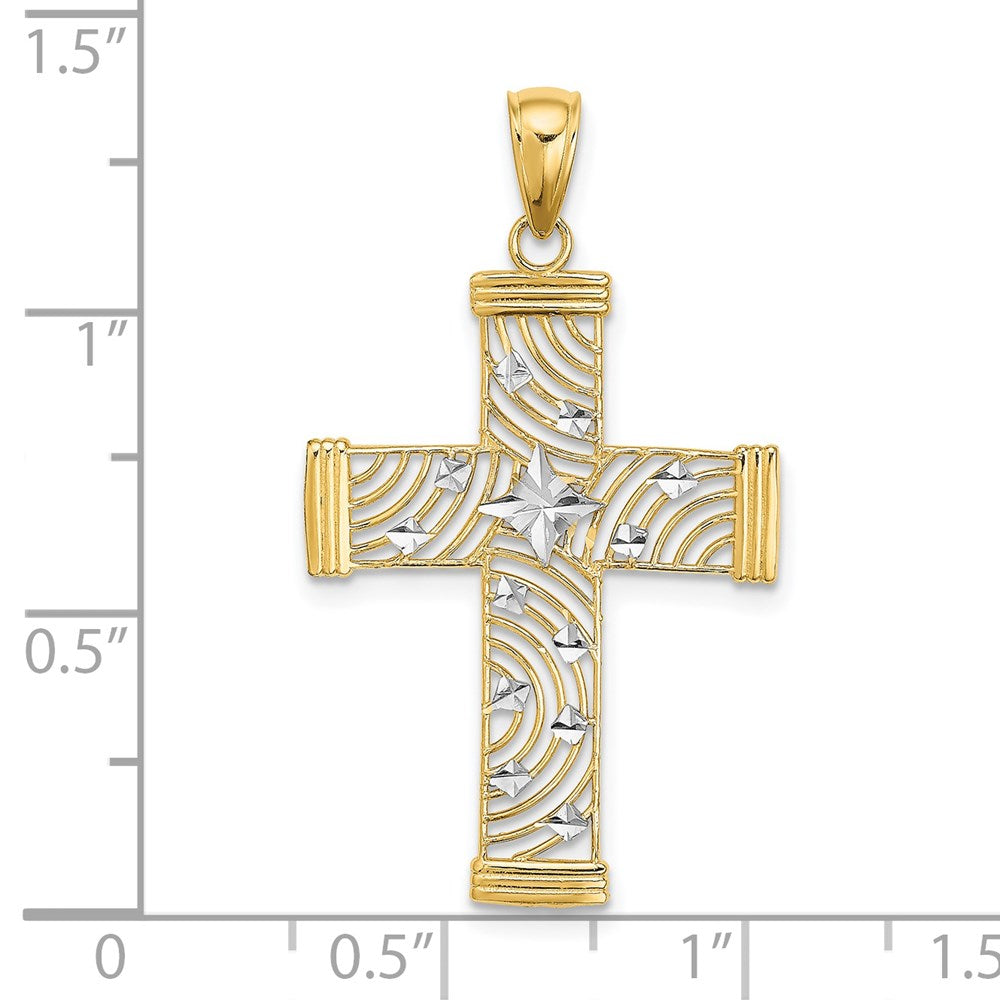 Million Charms 14K Yellow Gold Themed With Rhodium-Plated Diamond-Cut & Cut-Out Relgious Cross Charm