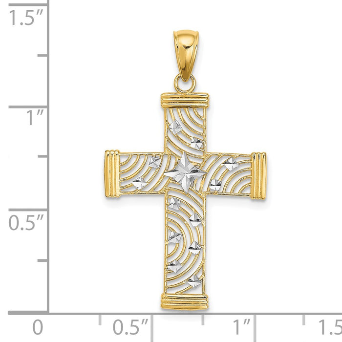 Million Charms 14K Yellow Gold Themed With Rhodium-Plated Diamond-Cut & Cut-Out Relgious Cross Charm