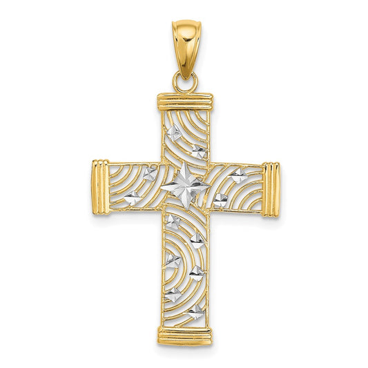 Million Charms 14K Yellow Gold Themed With Rhodium-Plated Diamond-Cut & Cut-Out Relgious Cross Charm