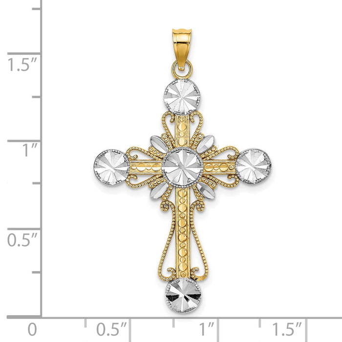 Million Charms 14K Yellow Gold Themed With Rhodium-Plated Diamond-Cut Circles Relgious Cross Charm Cross