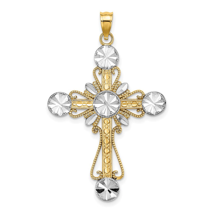 Million Charms 14K Yellow Gold Themed With Rhodium-Plated Diamond-Cut Circles Relgious Cross Charm Cross