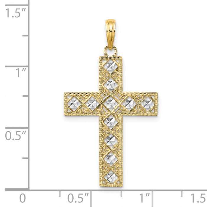 Million Charms 14K Yellow Gold Themed With Rhodium-Plated Diamond-Cut & Cut-Out Relgious Cross Charm