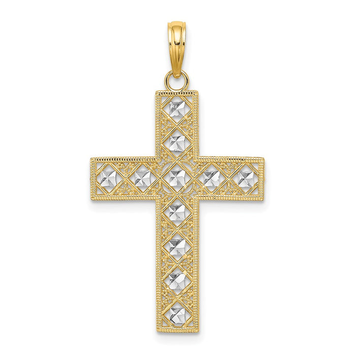 Million Charms 14K Yellow Gold Themed With Rhodium-Plated Diamond-Cut & Cut-Out Relgious Cross Charm