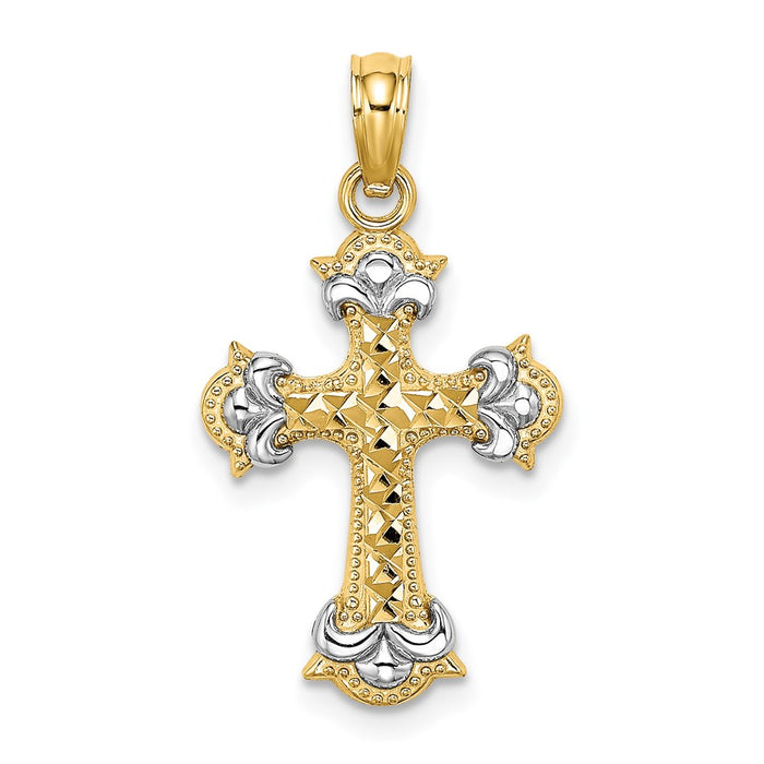 Million Charms 14K Yellow Gold Themed With Rhodium-Plated & Diamond-Cut Fleur-De-Lis Relgious Cross Charm