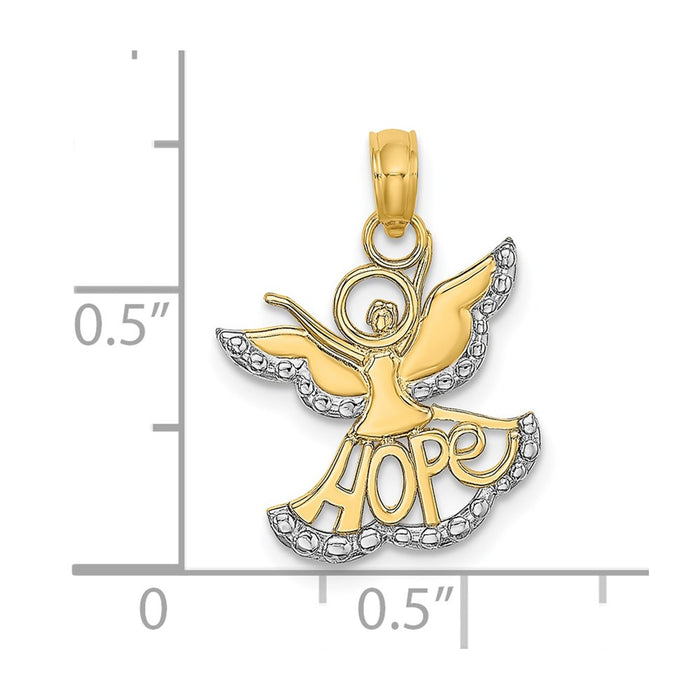 Million Charms 14K Yellow Gold Themed With Rhodium-Plated Polished & Textured Cut-Out Angel With Hope Charm
