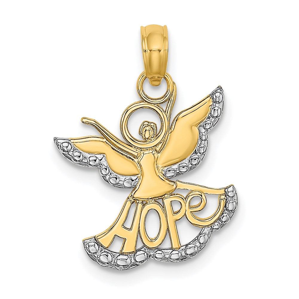 Million Charms 14K Yellow Gold Themed With Rhodium-Plated Polished & Textured Cut-Out Angel With Hope Charm