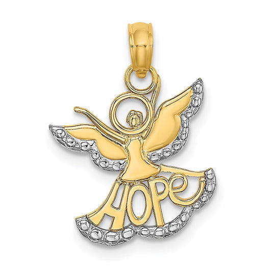 Million Charms 14K Yellow Gold Themed With Rhodium-Plated Polished & Textured Cut-Out Angel With Hope Charm