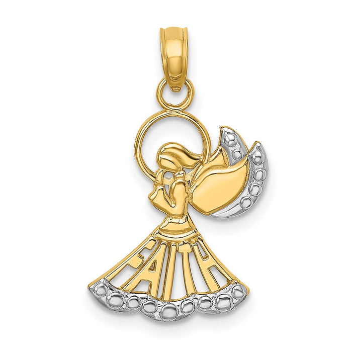 Million Charms 14K Yellow Gold Themed With Rhodium-Plated Polished & Textured Angel With Faith Charm