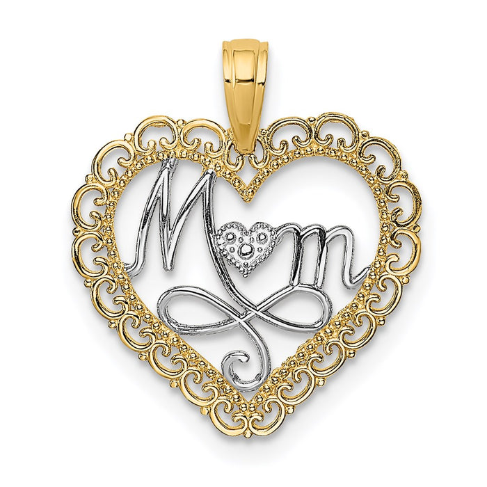 Million Charms 14K Yellow Gold Themed With Rhodium-Plated Cut-Out Mom Inside Scallop Heart Charm
