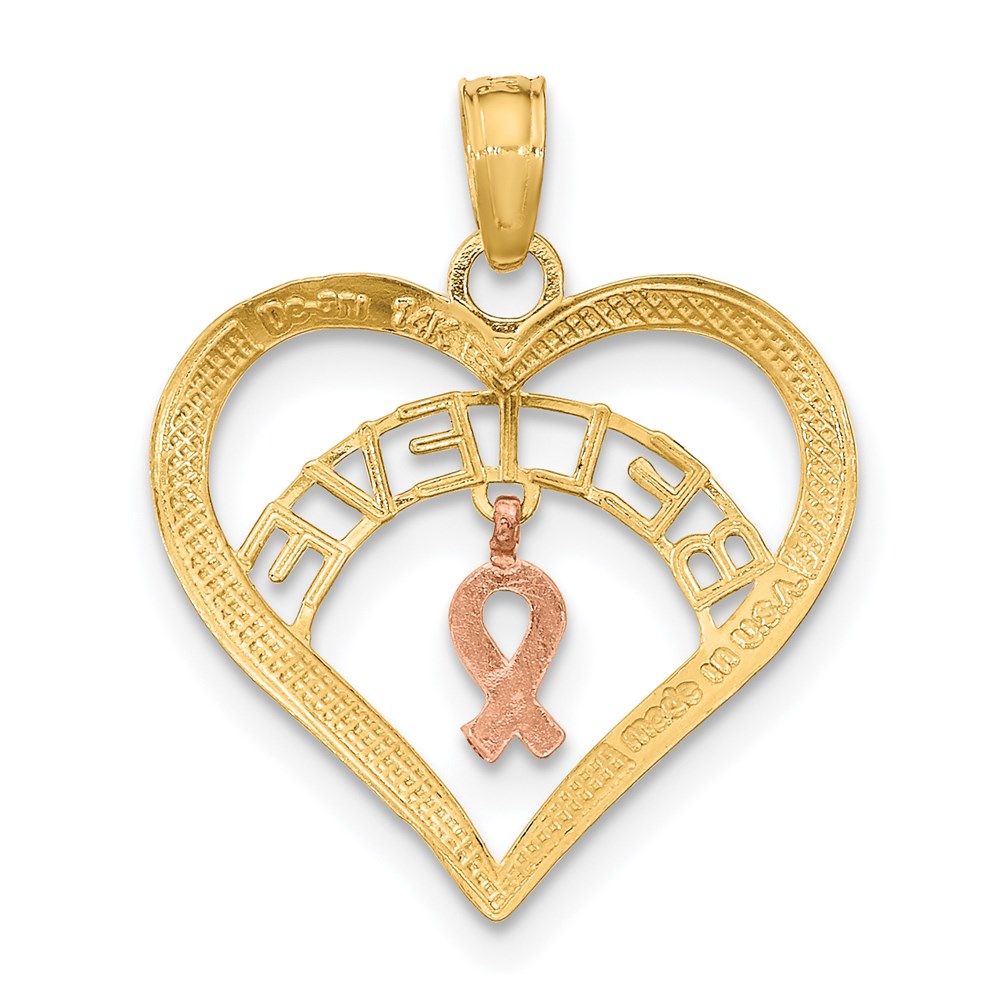 Million Charms 14K Tri-Colored Belive In Heart With Breast Cancer Ribbon