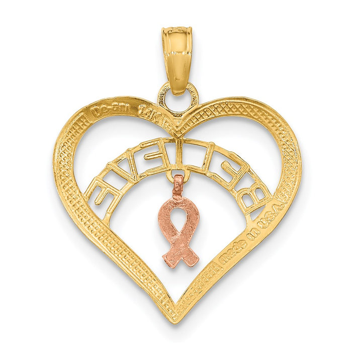 Million Charms 14K Tri-Colored Belive In Heart With Breast Cancer Ribbon