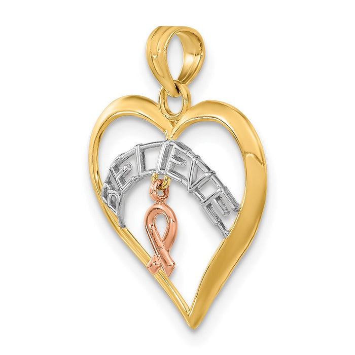 Million Charms 14K Tri-Colored Belive In Heart With Breast Cancer Ribbon