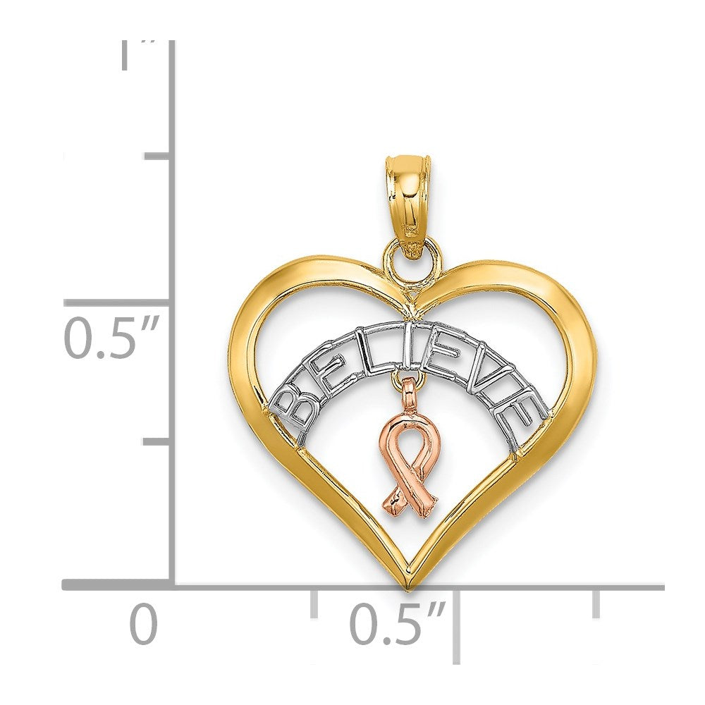 Million Charms 14K Tri-Colored Belive In Heart With Breast Cancer Ribbon