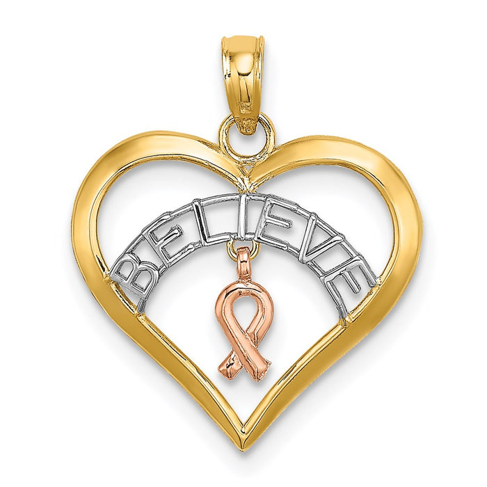 Million Charms 14K Tri-Colored Belive In Heart With Breast Cancer Ribbon