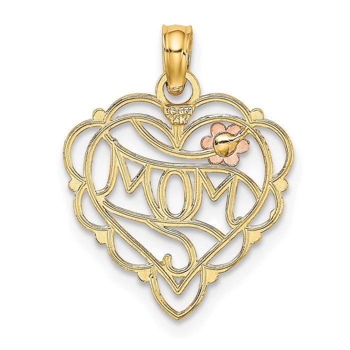 Million Charms 14K Two-Tone With Rhodium-Plated Mom Heart With Flower Charm