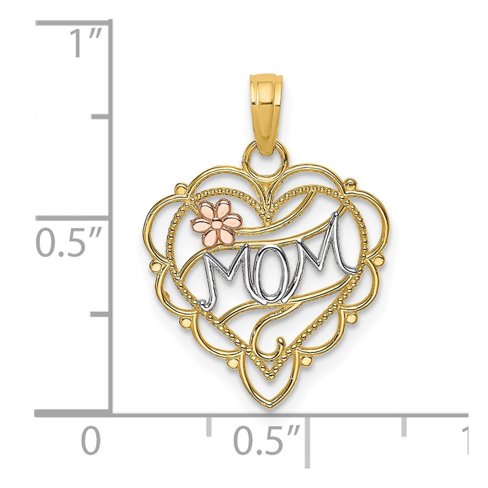 Million Charms 14K Two-Tone With Rhodium-Plated Mom Heart With Flower Charm