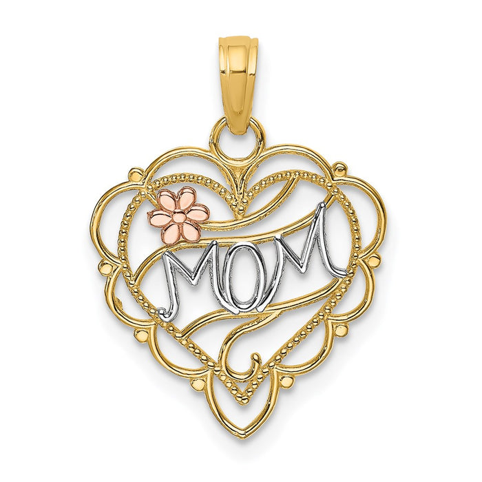 Million Charms 14K Two-Tone With Rhodium-Plated Mom Heart With Flower Charm