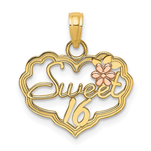 Million Charms 14K Two-Tone Sweet 16 Birthday Heart With Flower Charm
