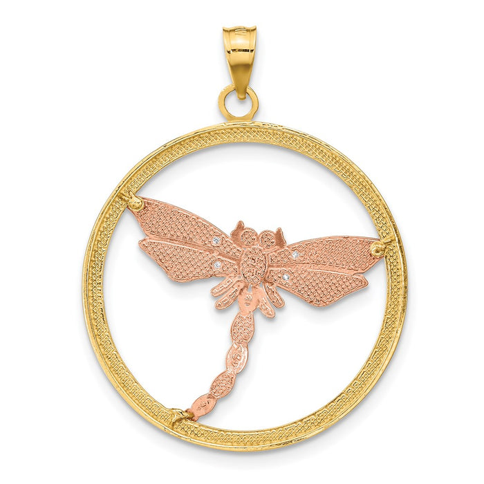 Million Charms 14K Tri-Colored Textured Dragonfly In Round Frame Charm