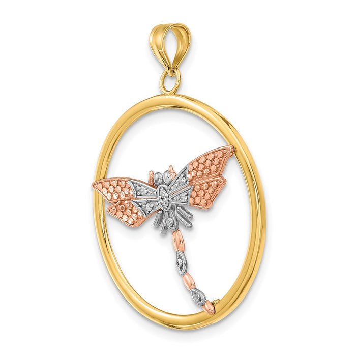 Million Charms 14K Tri-Colored Textured Dragonfly In Round Frame Charm