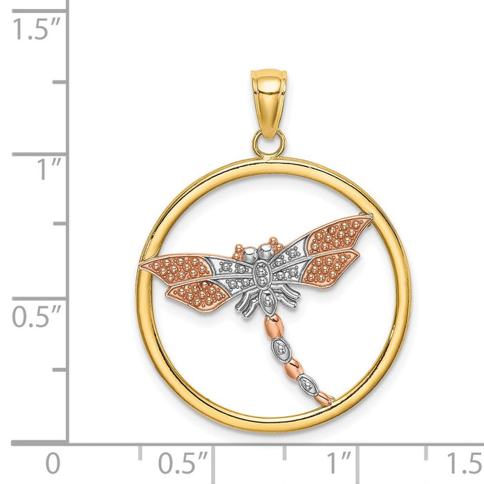 Million Charms 14K Tri-Colored Textured Dragonfly In Round Frame Charm