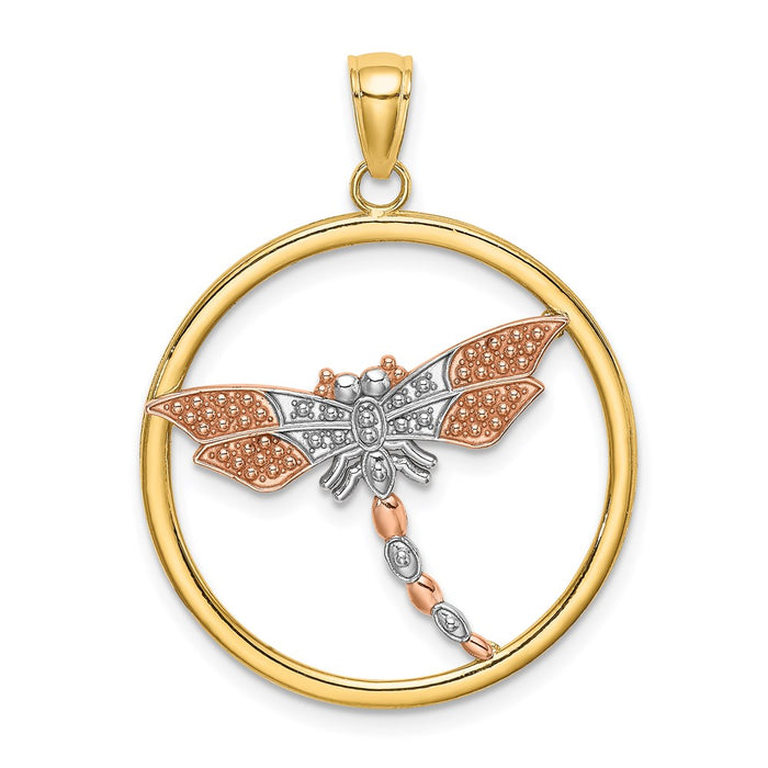 Million Charms 14K Tri-Colored Textured Dragonfly In Round Frame Charm