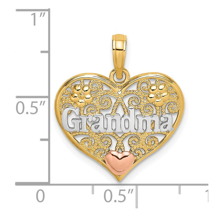 Million Charms 14K Tri-Color Grandma In Filigree Heart Charm