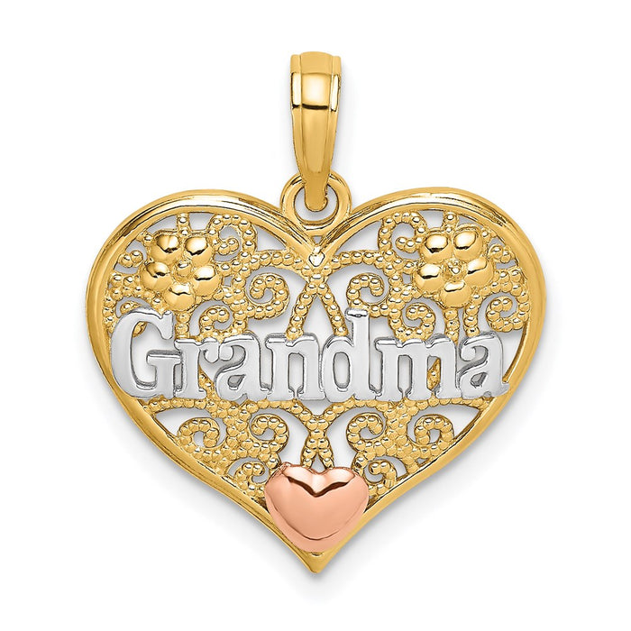 Million Charms 14K Tri-Color Grandma In Filigree Heart Charm