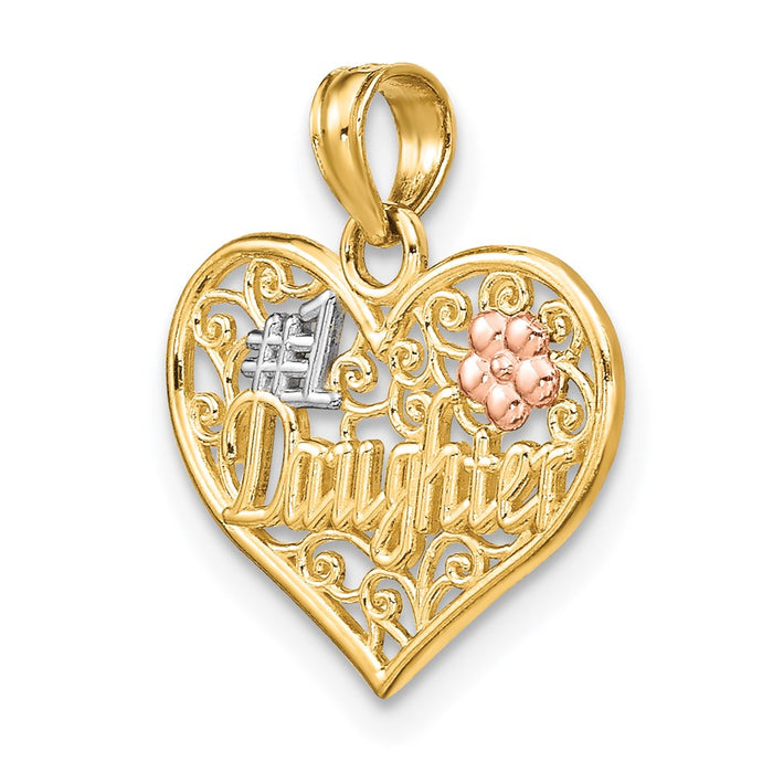 Million Charms 14K Tri-Color #1 Daughter In Heart With Flowers Charm