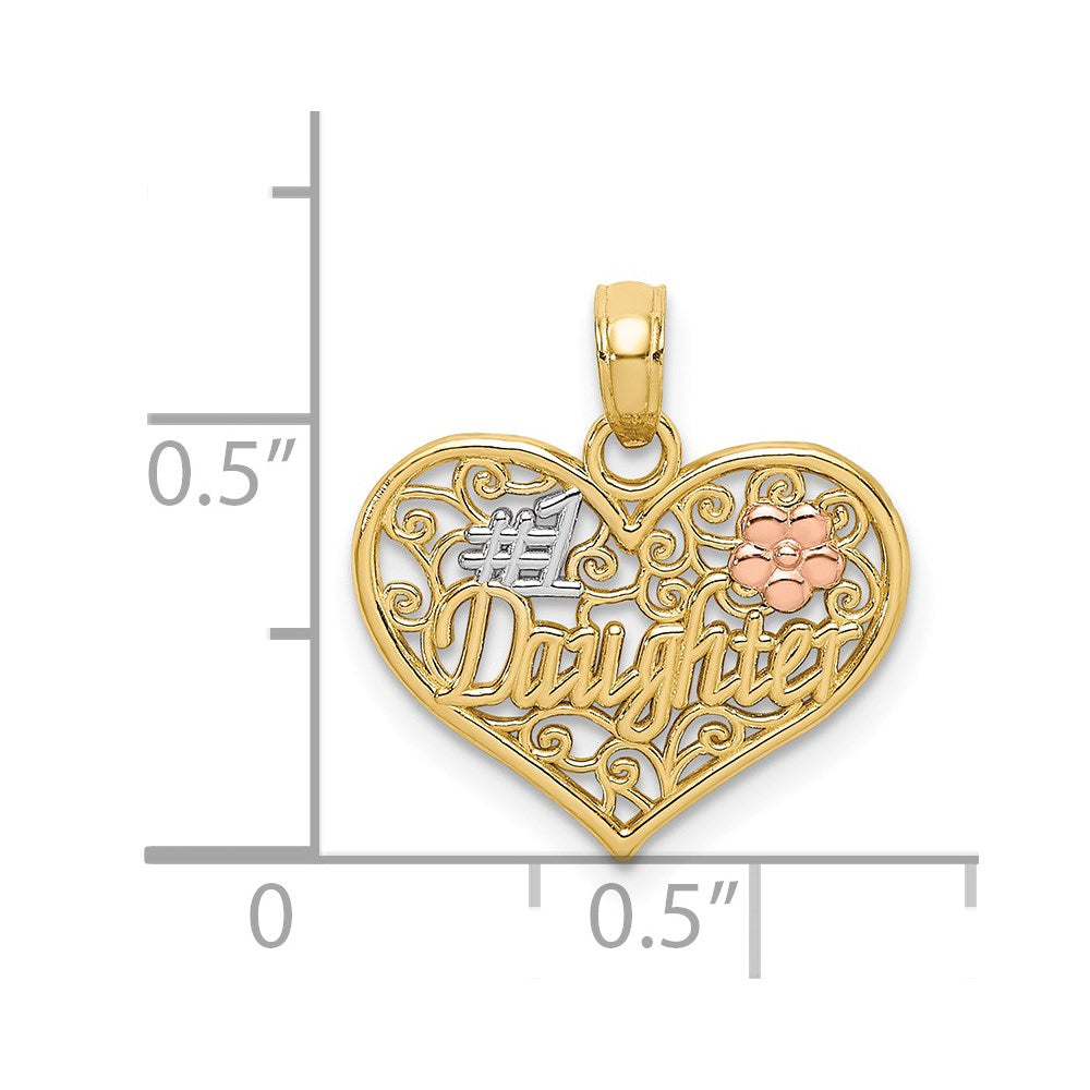Million Charms 14K Tri-Color #1 Daughter In Heart With Flowers Charm