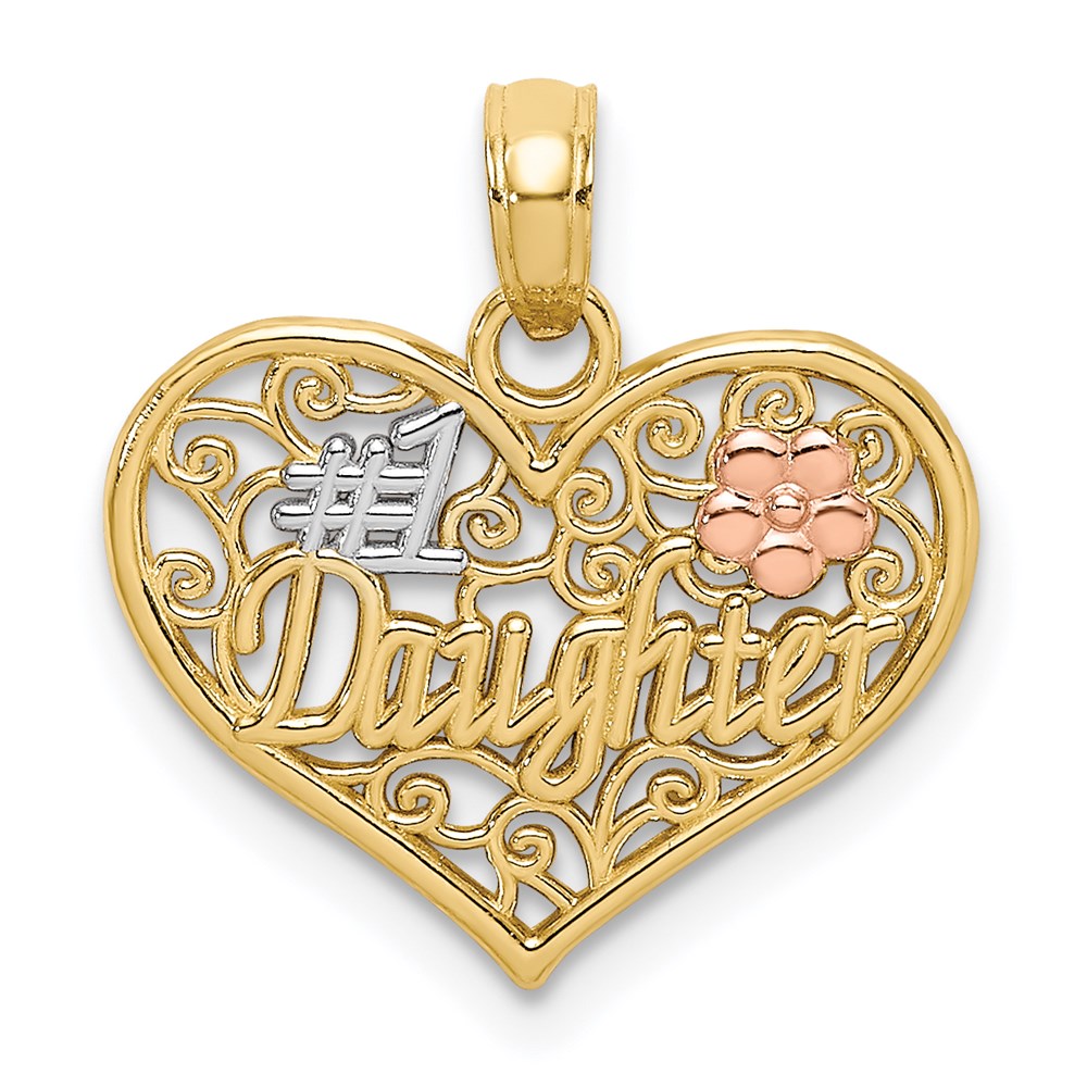 Million Charms 14K Tri-Color #1 Daughter In Heart With Flowers Charm