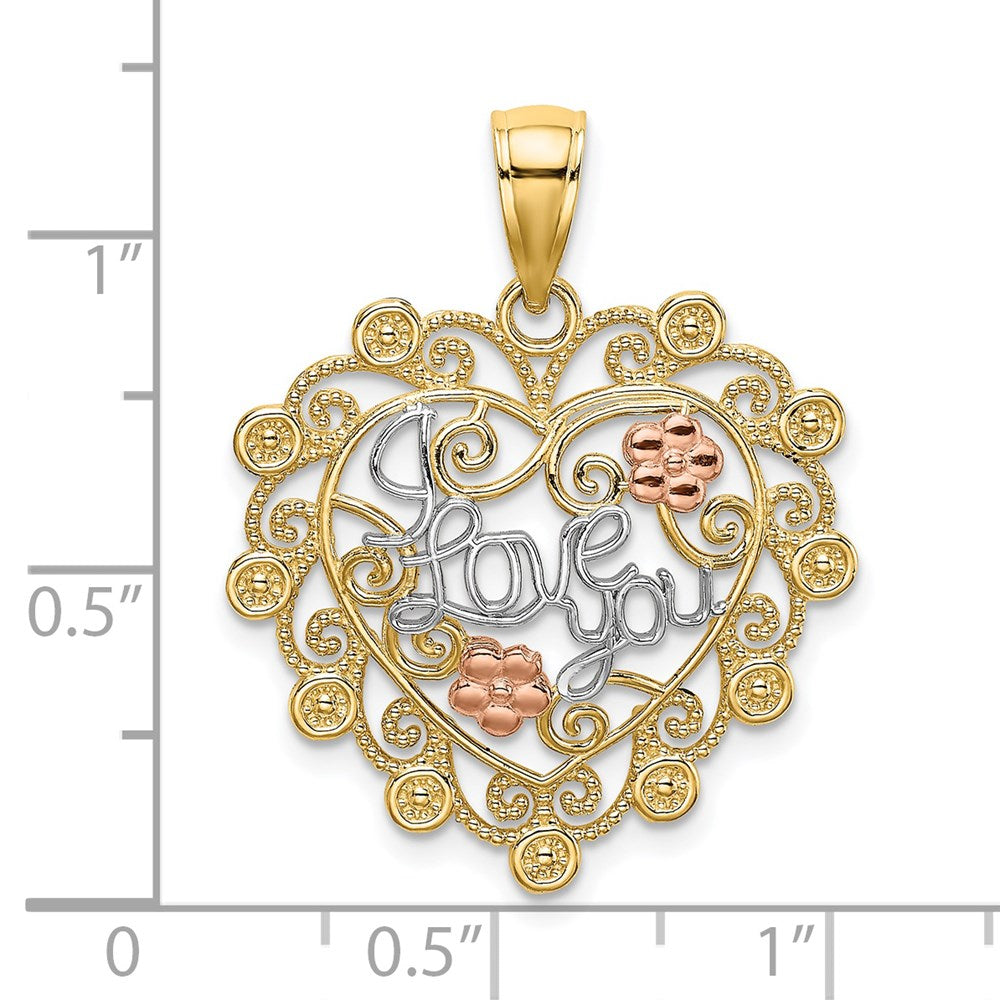 Million Charms 14K Two-Tone With White Rhodium-Plated I Love You In Filligree Heart & Flower Charm