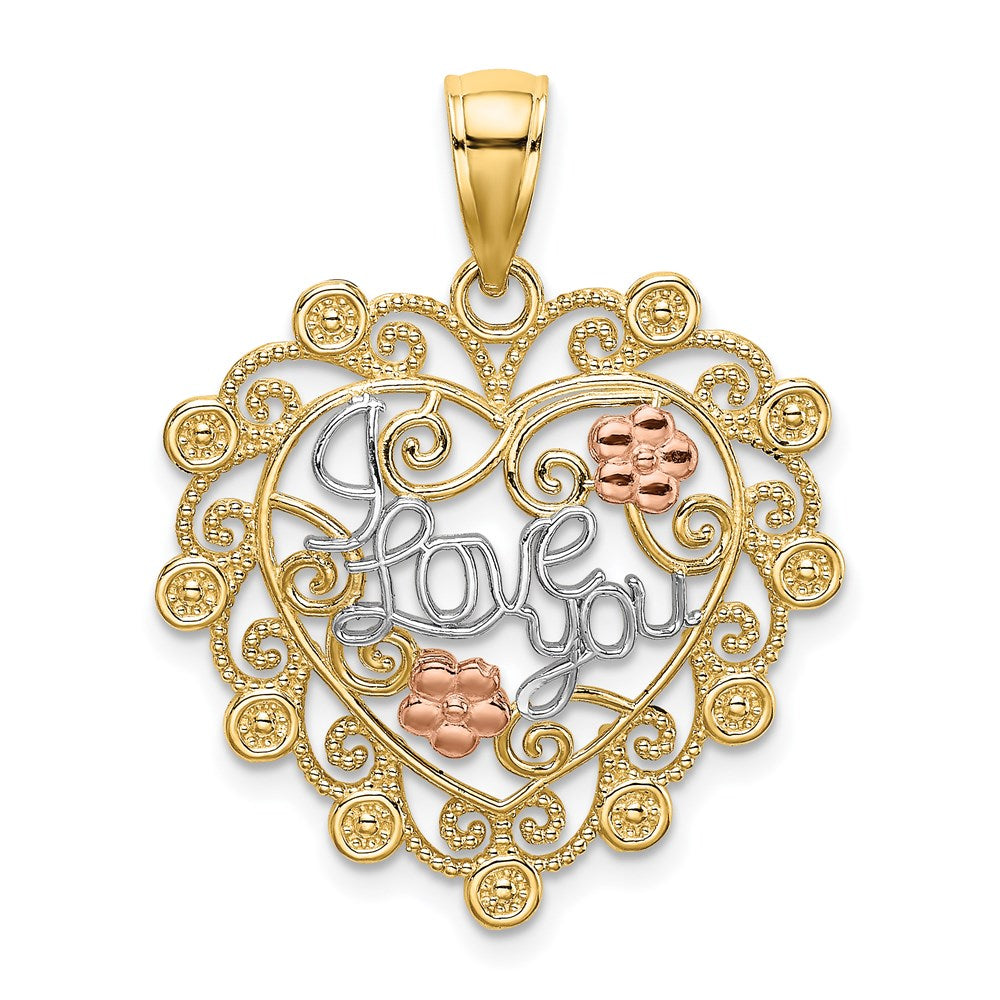 Million Charms 14K Two-Tone With White Rhodium-Plated I Love You In Filligree Heart & Flower Charm