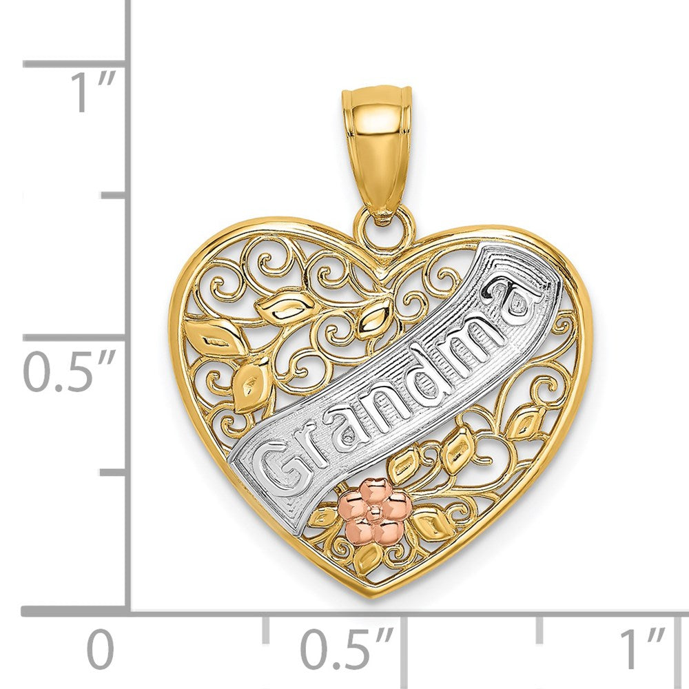 Million Charms 14K Tri-Color Grandma In Filigree Heart With Flowers Charm