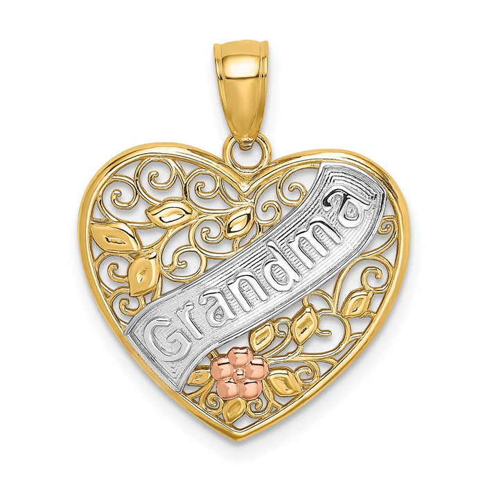 Million Charms 14K Tri-Color Grandma In Filigree Heart With Flowers Charm