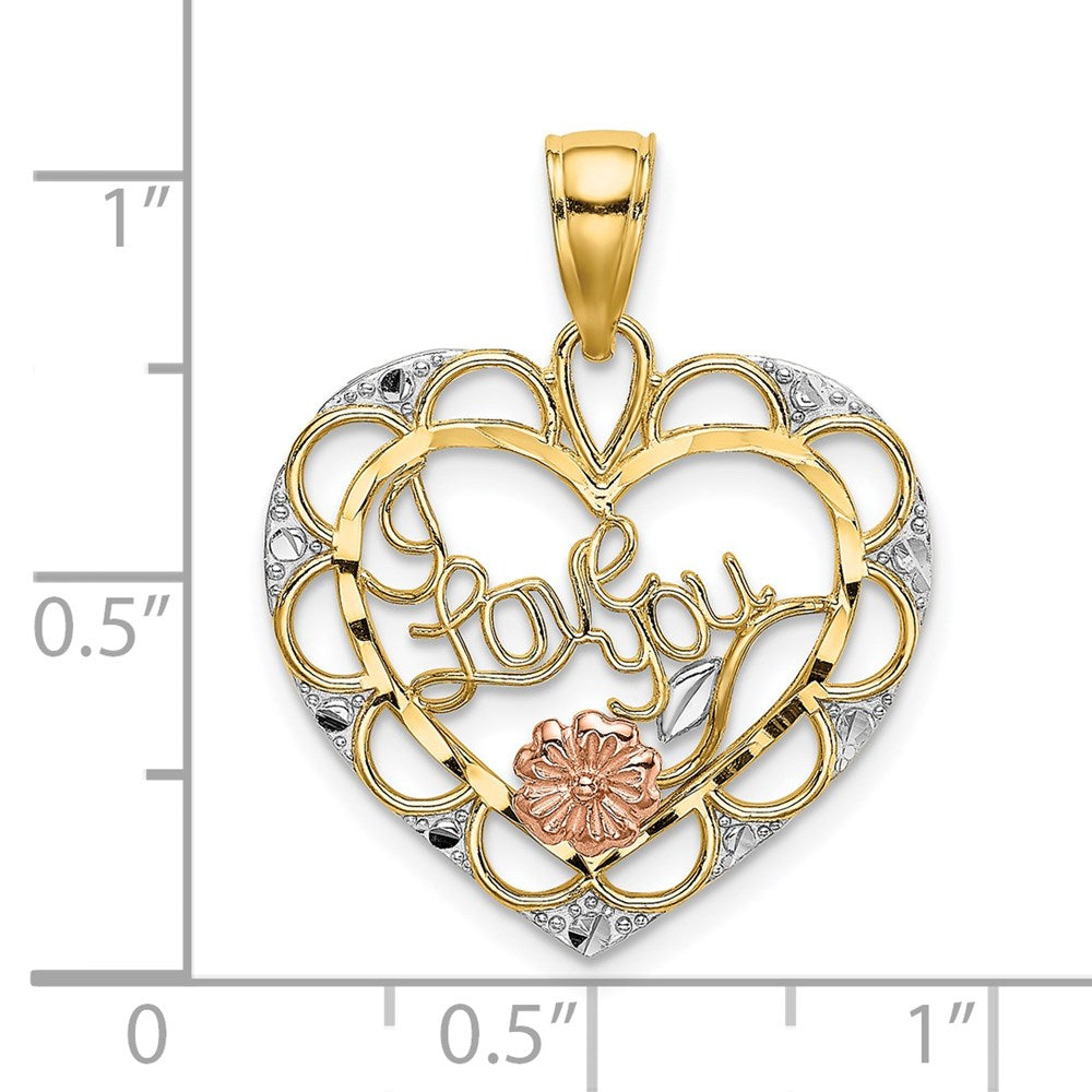 Million Charms 14K Two-Tone With White Rhodium-Plated I Love You In Heart With Flower Charm