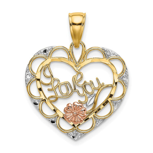 Million Charms 14K Two-Tone With White Rhodium-Plated I Love You In Heart With Flower Charm