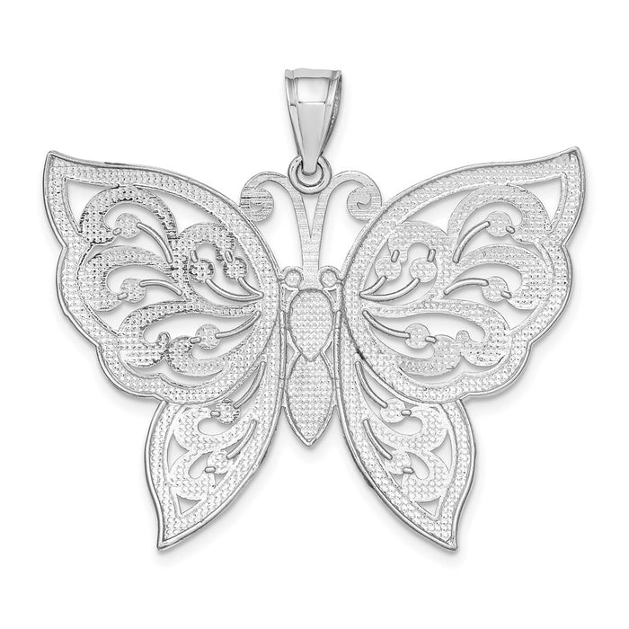 Million Charms 14K White Gold Themed Large Diamond-Cut Beaded Butterfly Charm