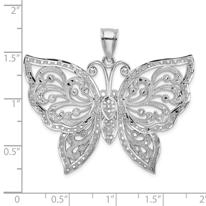 Million Charms 14K White Gold Themed Large Diamond-Cut Beaded Butterfly Charm