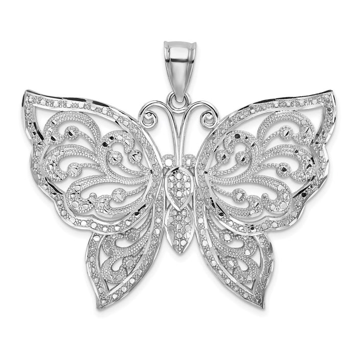 Million Charms 14K White Gold Themed Large Diamond-Cut Beaded Butterfly Charm