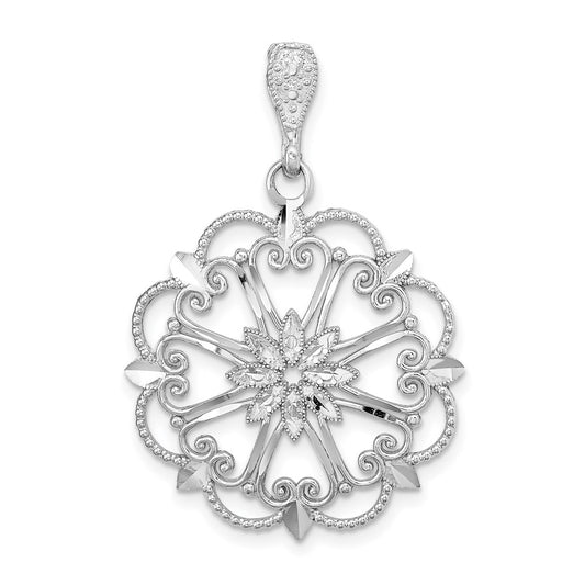 Million Charms 14K White Gold Themed Starbust With Heart & Diamond-Cut Beaded Scallop Edge Charm