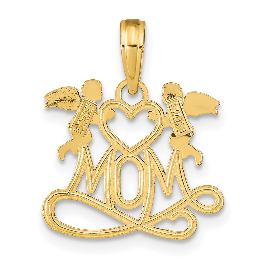 Million Charms 14K Yellow Gold Themed Polished Mom With Heart & Angels Pendant